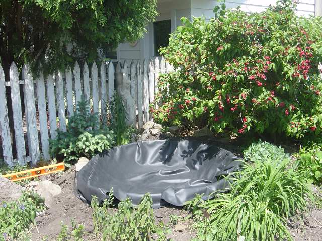 Small pond with rubber liner exposed